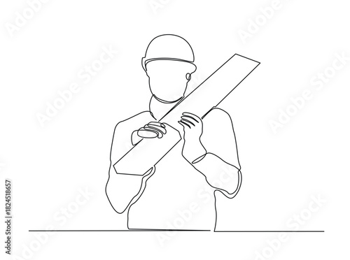 Single Continuous Line Drawing of a Construction Worker or Carpenter Carrying a Wooden Plank
