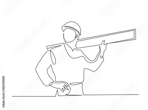 Single Continuous Line Drawing of a Construction Worker or Carpenter Carrying a Wooden Plank
