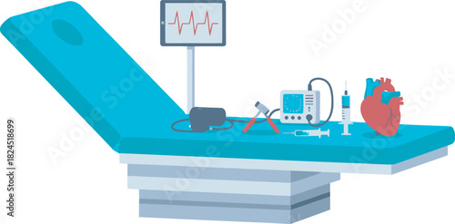 Illustration of a medical examination table with heart monitoring and surgical tools.