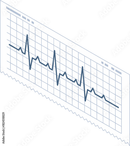 Isometric view of a heart rate graph on a grid, showing a fluctuating line indicating heart activity.
