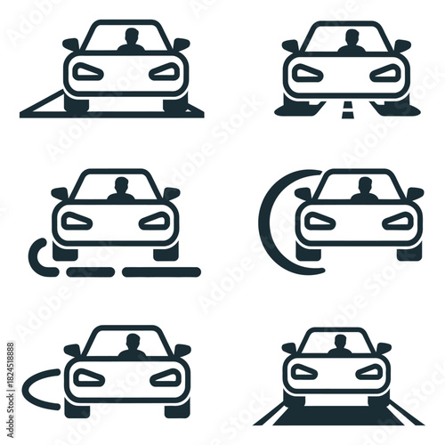 A comprehensive set of car icons illustrating various driving scenarios and vehicle maneuvers, including parking, turning, bumpy roads, and general car movement, ideal for automotive design and ui