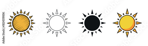 Set of four sun icons illustrated in various graphic styles including hand-drawn sketch, simple outline, black silhouette, and colorful flat design for summer and weather concepts