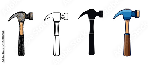Set of four claw hammers illustrated in different artistic styles, including scribble, line art, silhouette, and cartoon for various design and concept applications