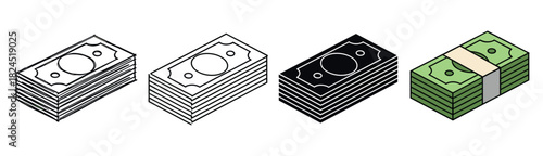 Collection of four money stack icons in various graphic styles including sketch, line art, solid glyph, and a colored cartoon illustration with an isometric perspective