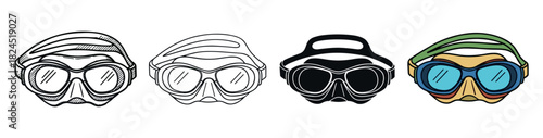 Four scuba diving mask vector illustrations showing a collection of different styles including a hand-drawn sketch, a clean outline, a black silhouette, and a colorful cartoon graphic