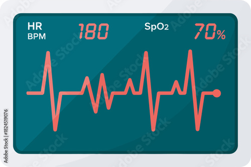 Medical monitor displaying high heart rate and low oxygen saturation, represented by a red waveform.