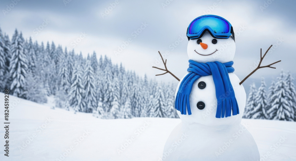 Fototapeta premium Snowman with Blue Goggles and Scarf in Winter Wonderland Forest with Snowy Pines Celebrating Winter Holiday Vacation