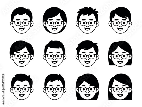 A collection of diverse cartoon faces with glasses showcases different hairstyles and expressions.