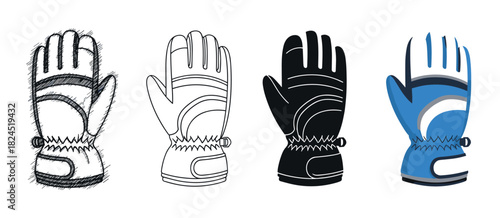 Winter glove illustration set in four different artistic styles including hand-drawn sketch, clean line art, black silhouette, and flat color vector graphic