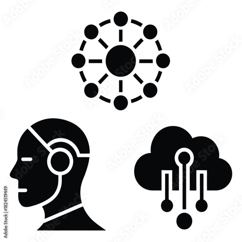 Artificial intelligence, machine learning, and cloud computing concepts are represented by a robot head, a data network, and a digital cloud icon, isolated on