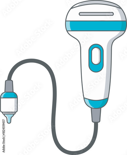 Ultrasound transducer illustration with cable and connector, medical equipment.