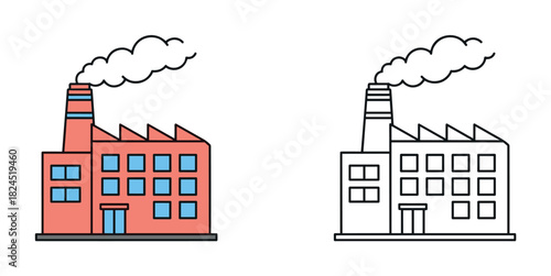 Two factory building illustrations, one colored and one black and white line art version, show a simple industrial plant with a smoking chimney and sawtooth roof in a flat doodle style