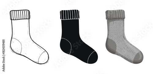 Set of three warm sock illustrations in different styles, including a simple line art sketch, a black silhouette, and a detailed grey knitted sock