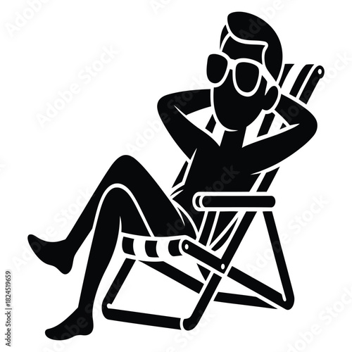 A stylized black silhouette of a man wearing sunglasses, comfortably lounging in a striped beach chair, representing summer relaxation and vacation, isolated on