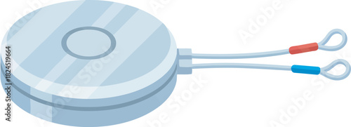 A circular, light blue sensor with two wires, one red and one blue.