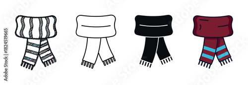 Set of four winter scarf icons in different graphic styles including hand-drawn doodle, simple outline, solid black silhouette, and a colorful flat cartoon illustration