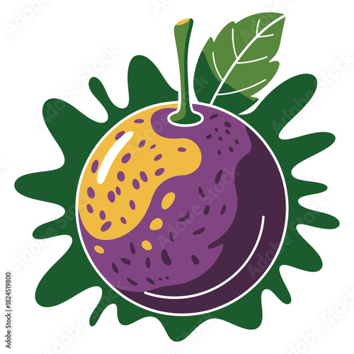 A vibrant and stylized illustration of a whole passion fruit, featuring its rich purple and bright yellow skin, complete with a green stem and leaf, set against a dynamic dark green splash design