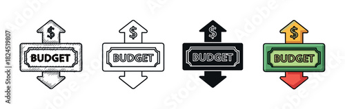 Set of four budget icons showing income and expenses with a dollar sign, presented in hand-drawn, line art, silhouette, and colorful styles for financial concepts