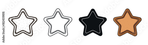 Star shaped gingerbread cookie vector illustration set with four design variations: detailed sketch, clean outline, simple black silhouette, and a classic baked good look