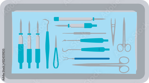 A top-down view of various medical and surgical instruments organized in a tray.
