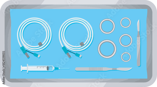 Surgical tools and medical equipment arranged on a blue tray, including tubing, rings, a scalpel, and a syringe.