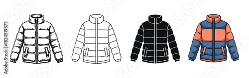 Set of four puffer winter jackets in different illustration styles including a hand-drawn sketch, simple line art, a black silhouette, and a colorful flat cartoon design