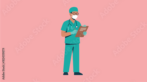 Medical Professional in Scrubs and Mask Holding Clipboard.