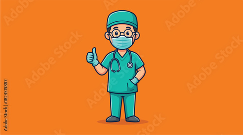 Cartoon doctor in scrubs giving a thumbs up.