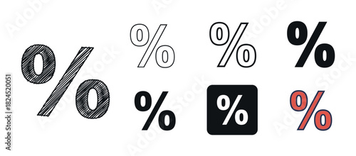 Versatile set of percent sign icons in multiple styles like hand-drawn sketch, line art, and solid fill, representing financial rates, discounts, and promotional sales offers