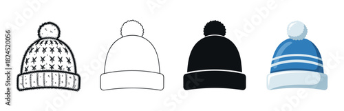 Four winter beanie hats with pom-poms shown in different illustration styles like hand-drawn sketch with snowflakes, simple outline, black silhouette, and blue flat cartoon