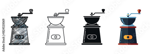 Set of four vintage coffee grinders presented in various artistic styles like scribble, line art, solid glyph, and a colorful flat design illustration