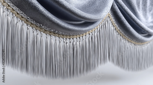 Velvet drapery with long fringe trim close up