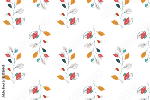 Delicate seamless pattern with autumnal branches featuring colorful leaves in red, orange, and green. Perfect for fall-themed designs, stationery, or textiles.
