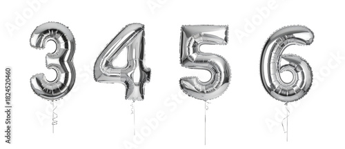 Shiny Silver Number Balloons (3, 4, 5, 6) Perfect for Celebrations, Isolated on Transparent Background