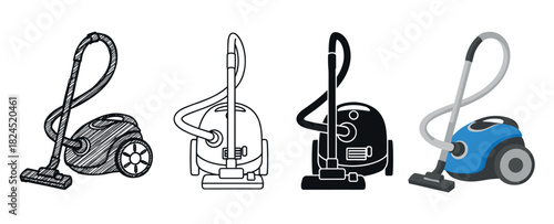 Four vacuum cleaner icons in a collection of graphic styles, from a detailed hand-drawn sketch and simple line art to a bold silhouette and a modern flat color illustration