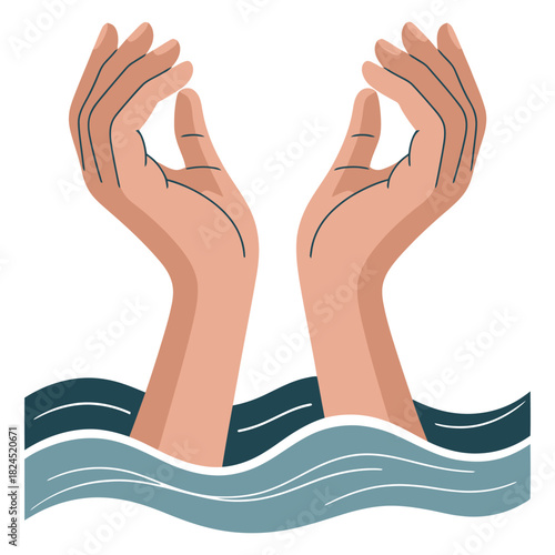 Illustration of two human hands emerging from blue water, palms slightly open, symbolizing seeking help, rescue, survival, drowning, or being overwhelmed, isolated on