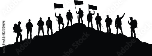 Silhouette of hikers standing on mountain peak holding flags, symbolizing teamwork, victory, leadership, and adventure, perfect for outdoor success concept.