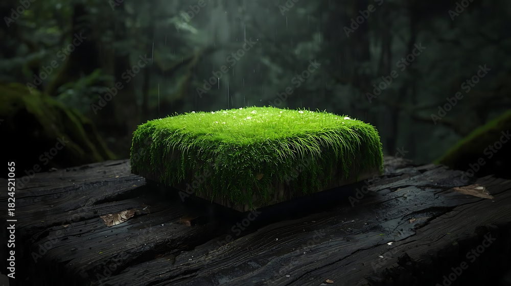 Fototapeta premium Mossy Platform in a Lush Forest: Tranquil Nature Scene with Vibrant Green Moss on a Rustic Wooden Surface, Perfect for Product Display or