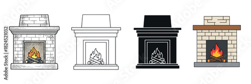 Set of four fireplace illustrations in various graphic styles including hand-drawn sketch, line art, silhouette, and flat color design with burning logs