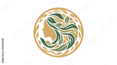 Elegant Woman Profile with Flowing Leaf Hair in Circular Design.