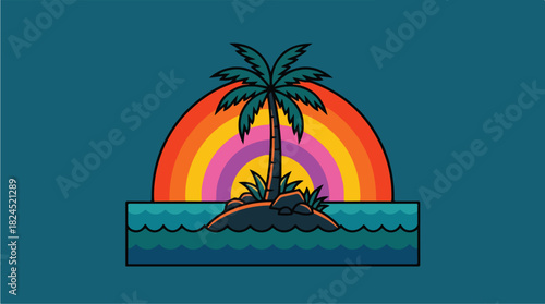 Tropical Island Sunset with Palm Tree and Ocean Waves.