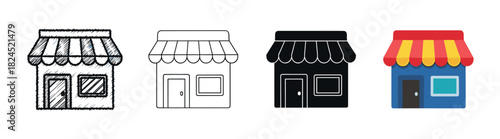 Set of four retail shop icons showing different design variations like a hand-drawn sketch, a clean outline, a solid black silhouette, and a vibrant flat color illustration