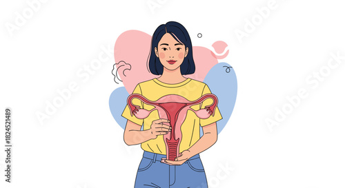 Illustration of a woman holding a model of the female reproductive system, symbolizing women's health.