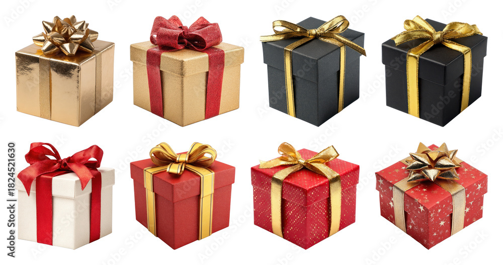 Fototapeta premium PNG Elegant festive gift boxes displayed, element set on transparent background