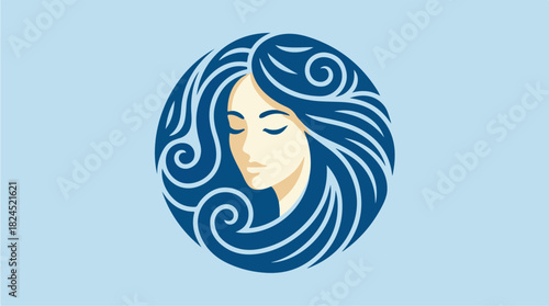Beautiful Woman with Flowing Blue Hair in a Circular Design.