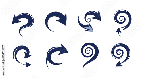 Collection of eight stylized dark blue arrows in a grid layout on a white background.