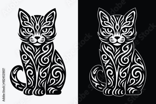 A cute illustration of a tribal kitten in black and white.