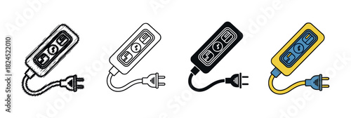 Electric vehicle charger icon set with four design variations including a hand-drawn sketch, a simple outline, a solid black glyph, and a full color flat illustration