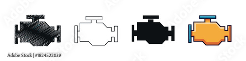 Car engine icon set with multiple design versions including a hand-drawn scribble, a minimalist outline, a solid black silhouette, and a vibrant cartoon illustration