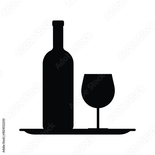 Wine bottle and glass on tray silhouette